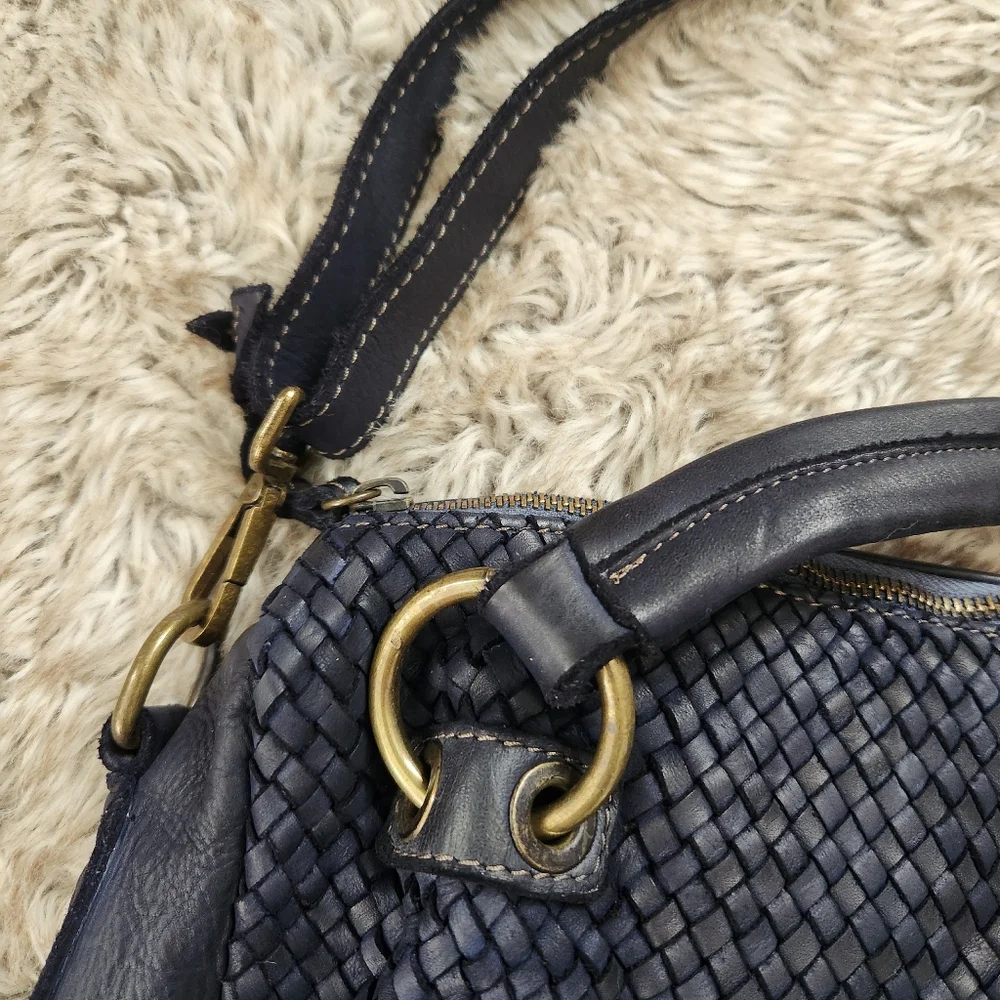 Juliana Cortini Black Leather Weaved Tote With Detachable Shoulder Strap‎